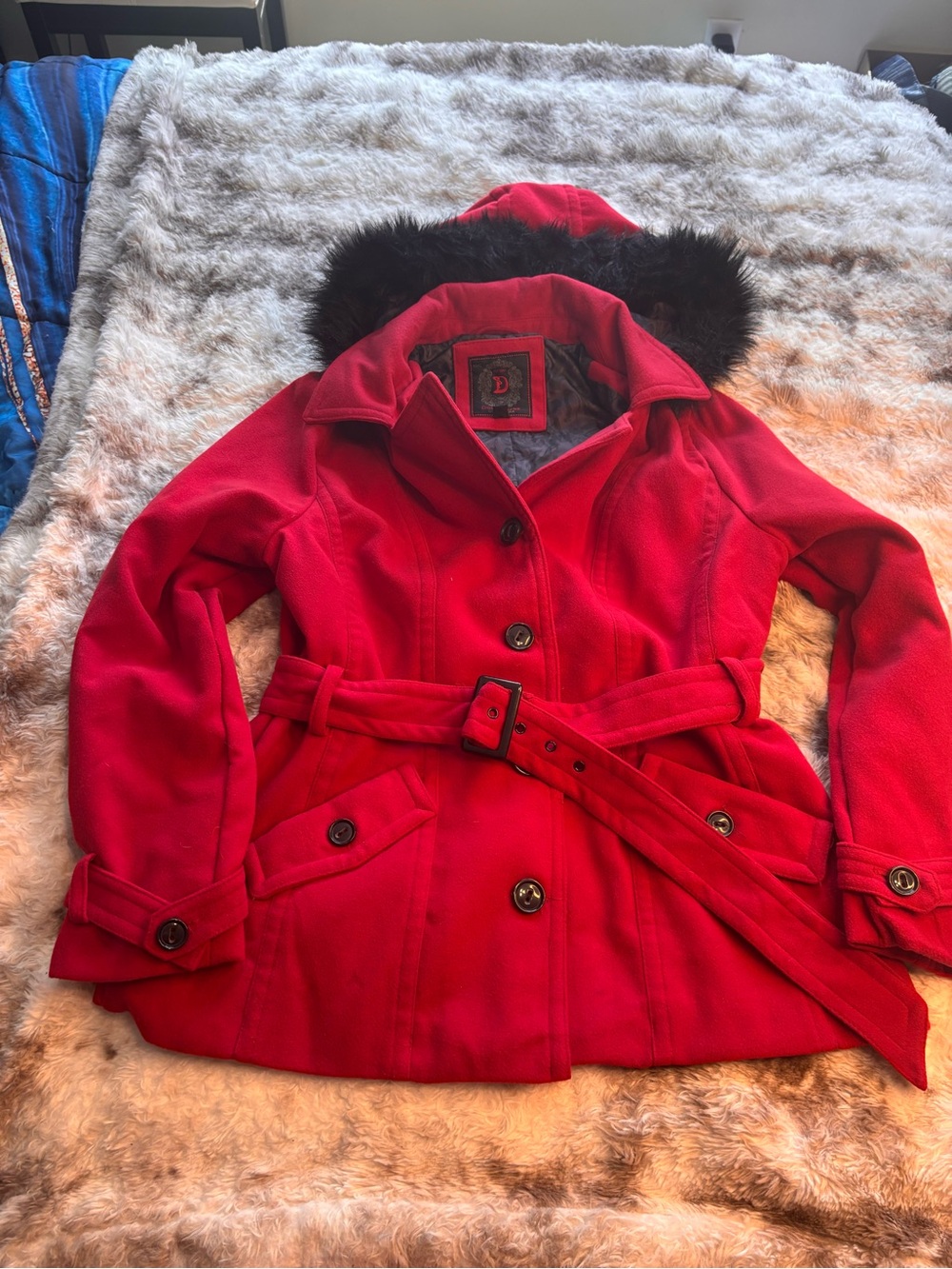 Dollhouse Red Belted Pea Coat with Faux Fur Trim